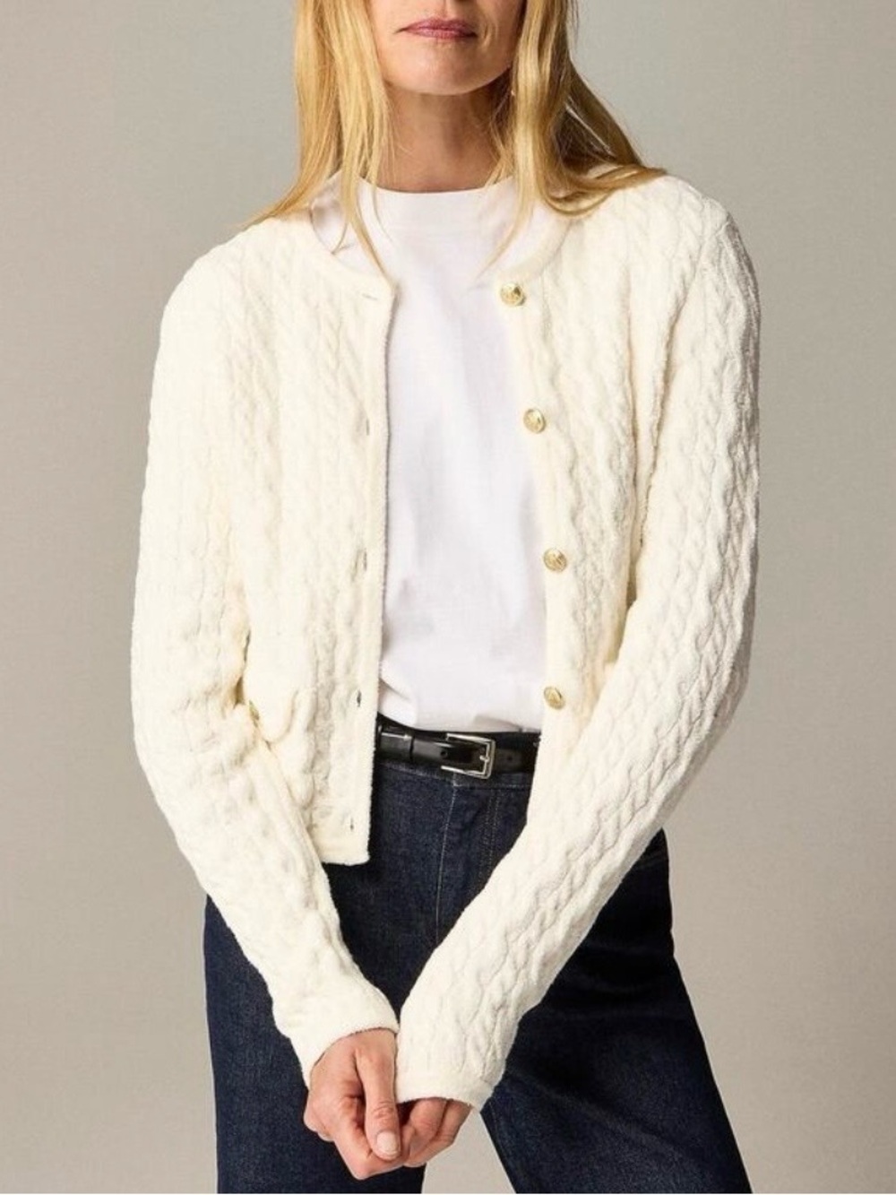 J.Crew Odette Cable-Knit Sweater Lady Jacket Ivory Gold Buttons XS